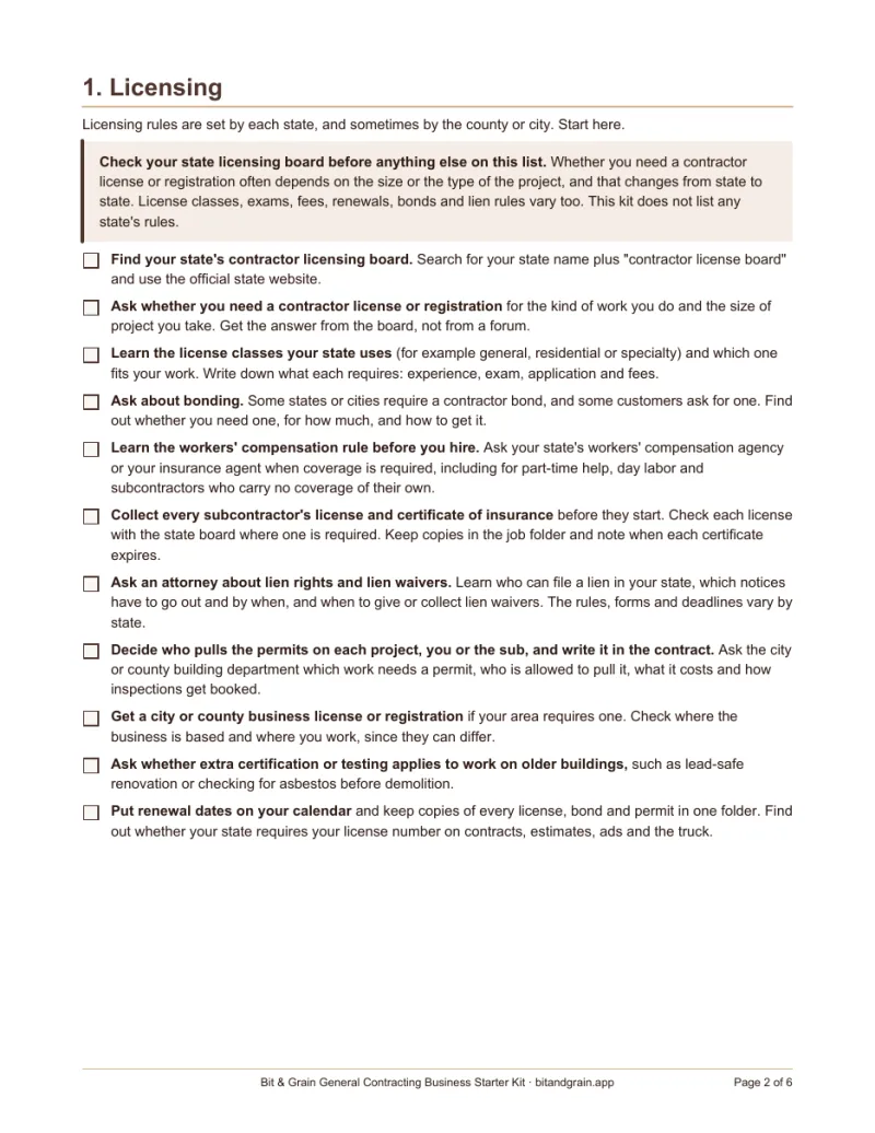 First page of the startup checklist
