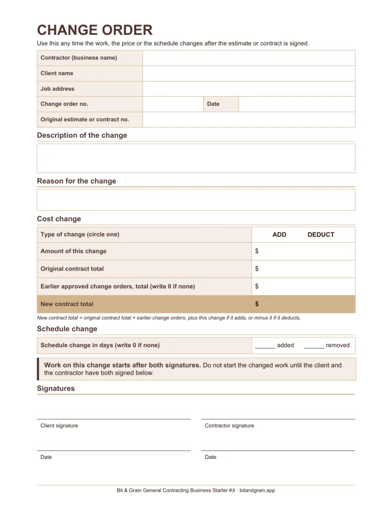 First page of the change order form