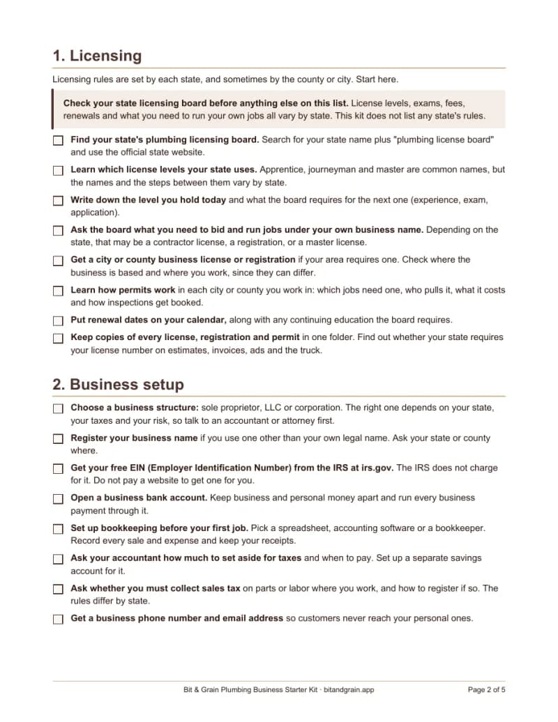 First page of the startup checklist
