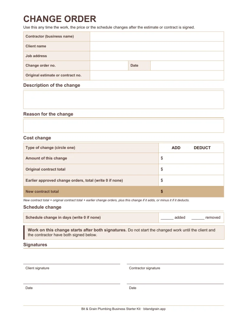First page of the change order form