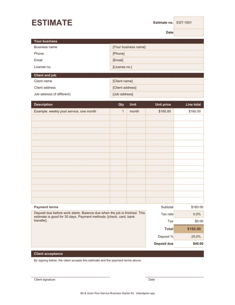 First page of the estimate and invoice