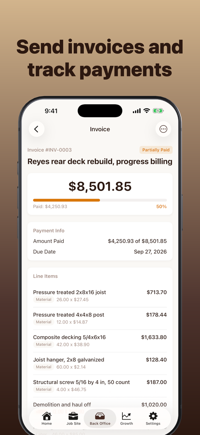 Bit & Grain invoices on iPhone with the headline Send invoices and track payments