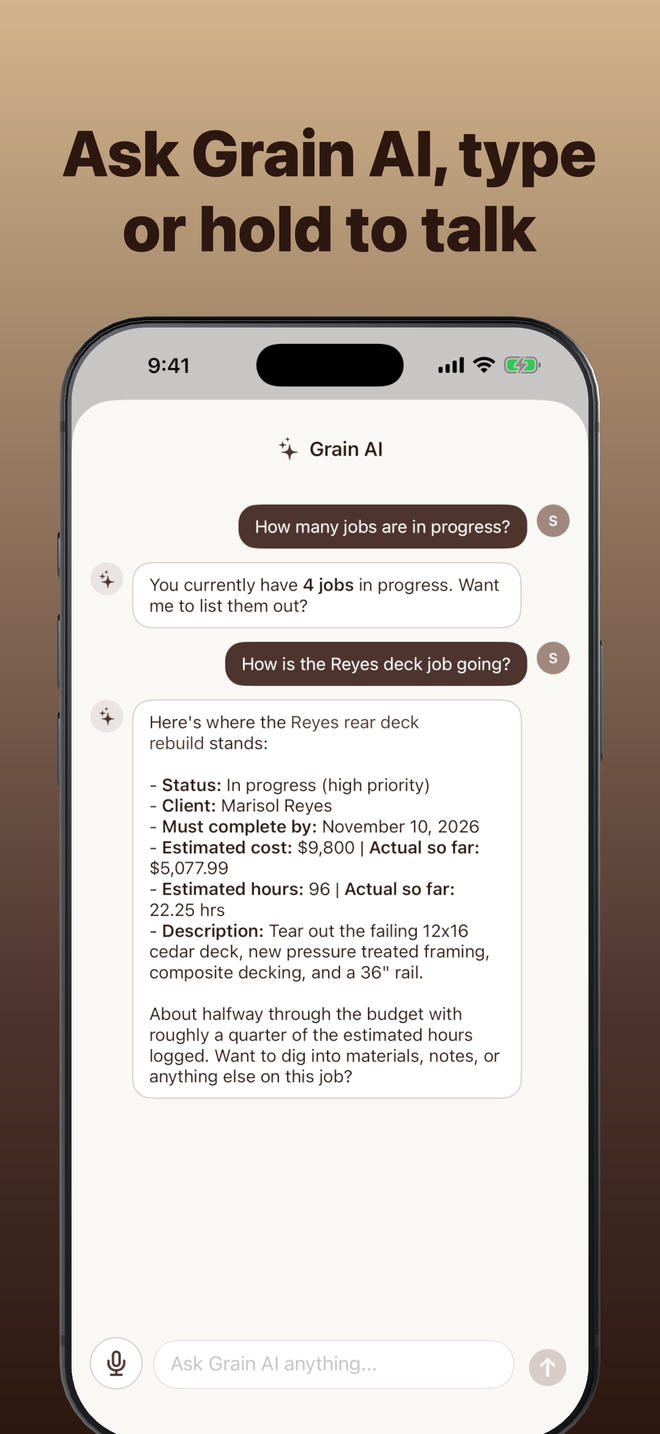 Grain AI on iPhone with the headline Ask Grain AI, type or hold to talk